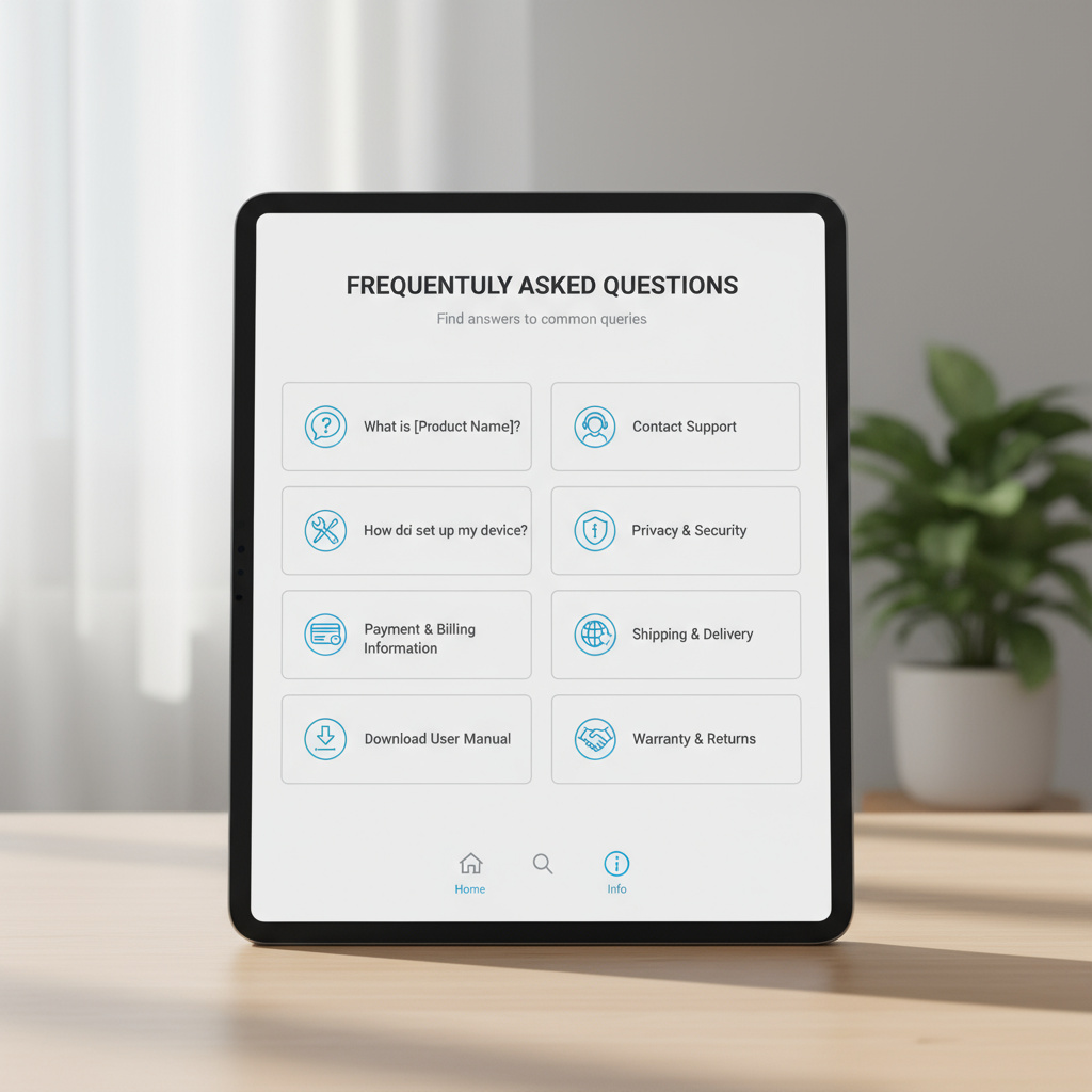 Tablet mit FAQ-Ansicht und Icons