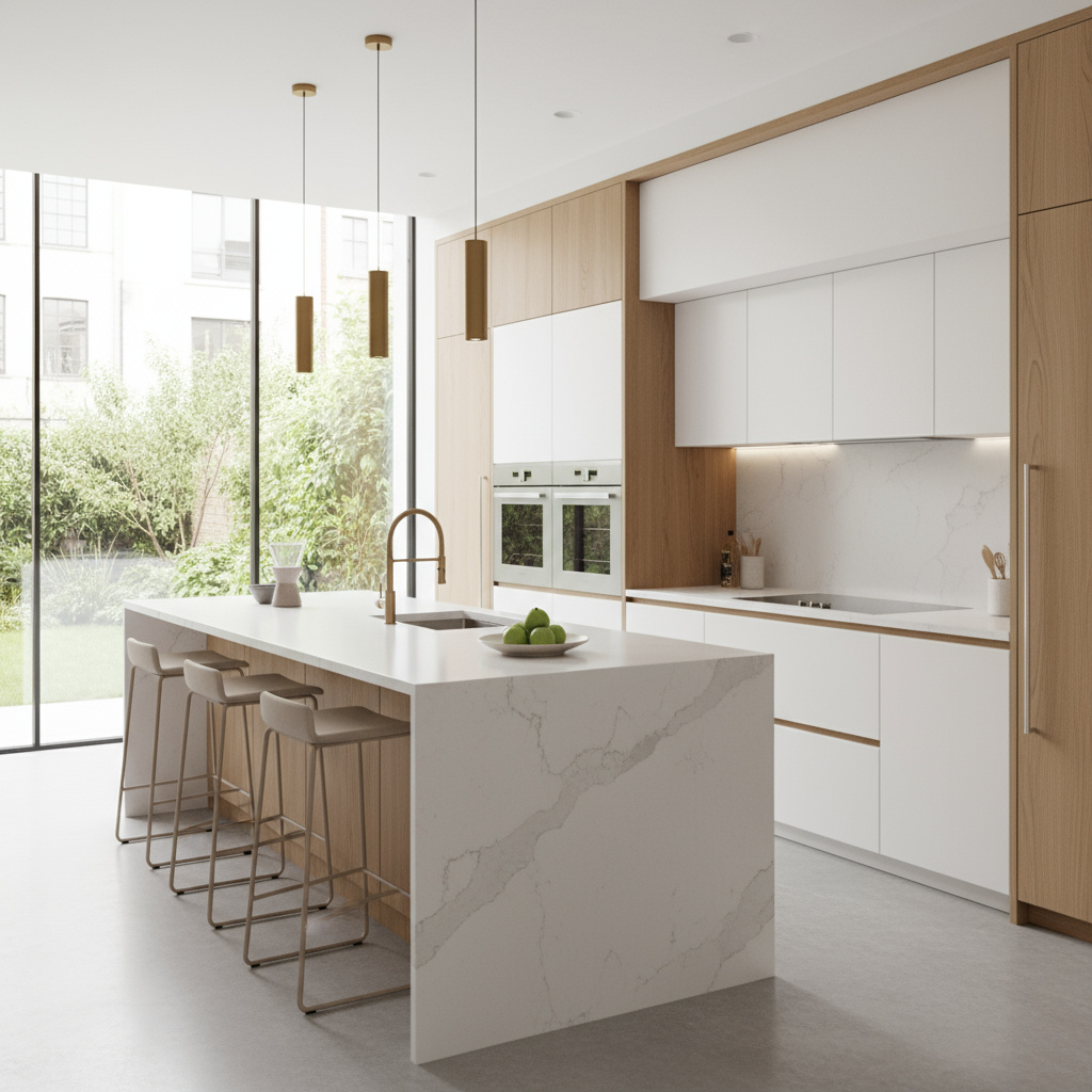 Modernes Kücheninterieur mit maßgefertigten Schränken und Stein-Arbeitsplatte
