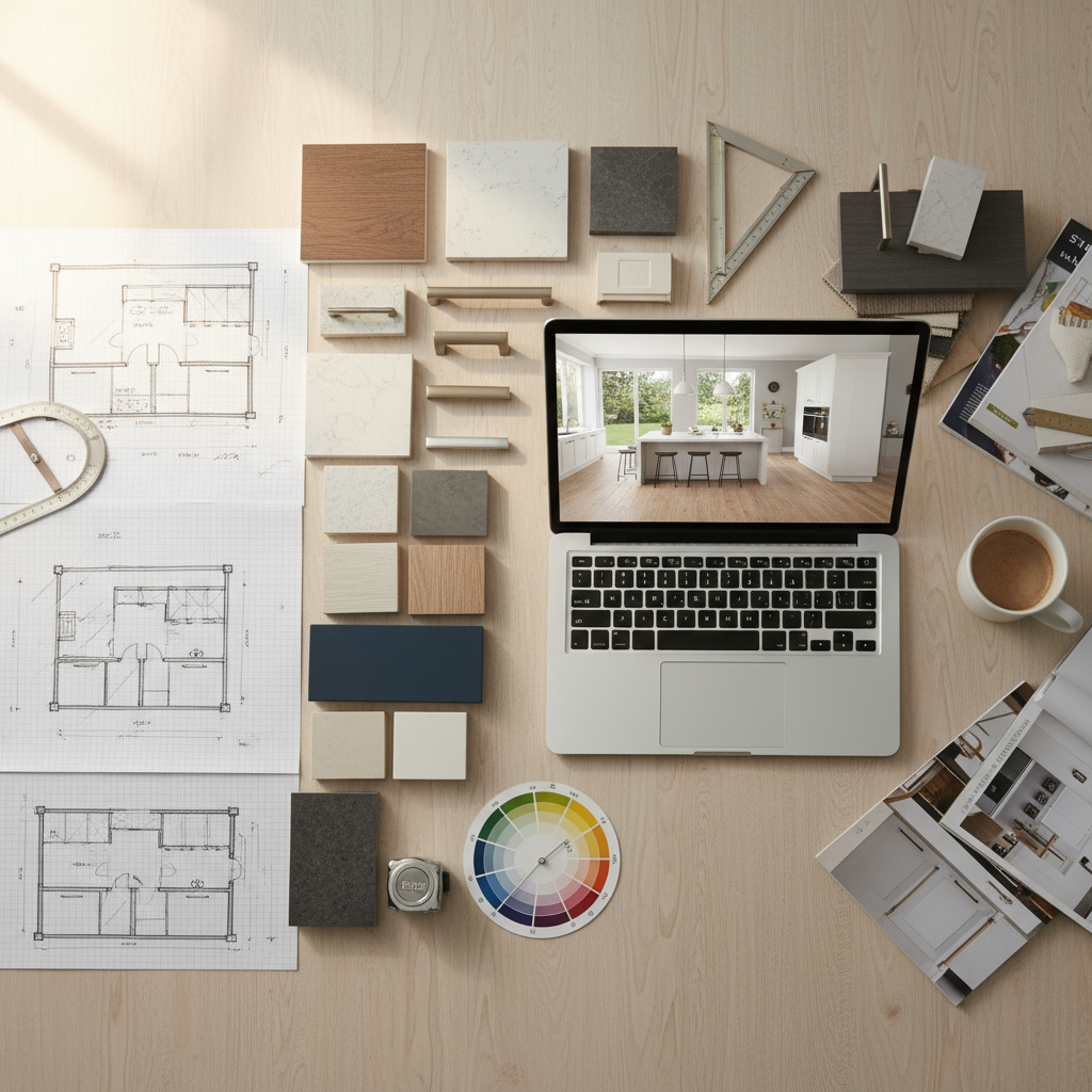 Collage aus Grundrissen, Materialmustern und 3D-Rendering